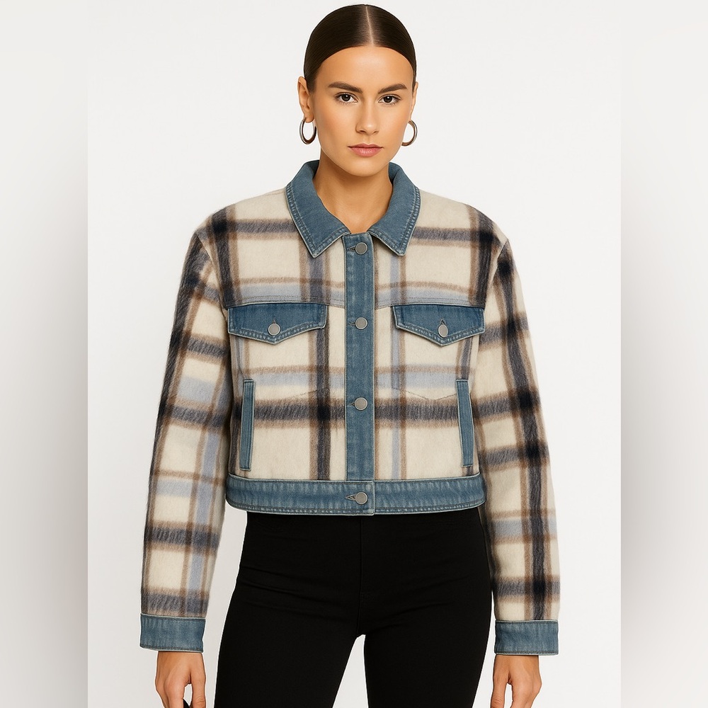 NEW NWT 7 For All Mankind Plaid Faux Fur Inset Mixed Media Jean Jacket